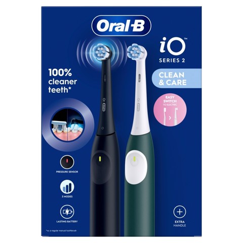 Oral-B iO 2 Spazzolino Elettrico Oral B, Nero e Verde, 1 Testina Di Ricambio, 2 Spazzolini, Delicato sulle Gengive, Efficace sulla placca, Sensore di Pressione