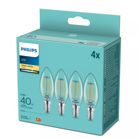 Philips Lampadina candela trasparente a filamento 40 W B35 E14 x4