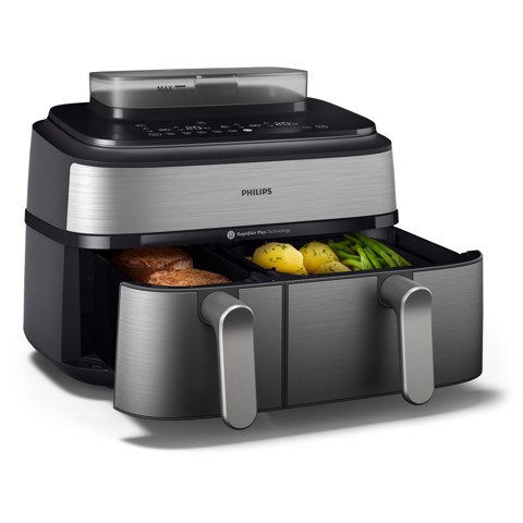 Philips Serie 5000 Airfryer doppio cestello con vapore, Friggitrice ad aria da 9.0L, 19 metodi di cottura, Pulizia cestello automatica, App ricette, NA555/00