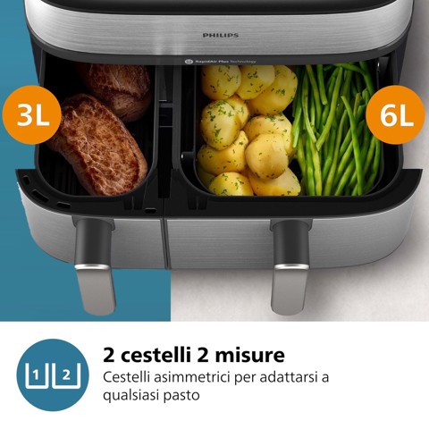 Philips Serie 5000 Airfryer doppio cestello con vapore, Friggitrice ad aria da 9.0L, 19 metodi di cottura, Pulizia cestello automatica, App ricette, NA555/00