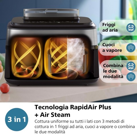 Philips Serie 5000 Airfryer doppio cestello con vapore, Friggitrice ad aria da 9.0L, 19 metodi di cottura, Pulizia cestello automatica, App ricette, NA555/00