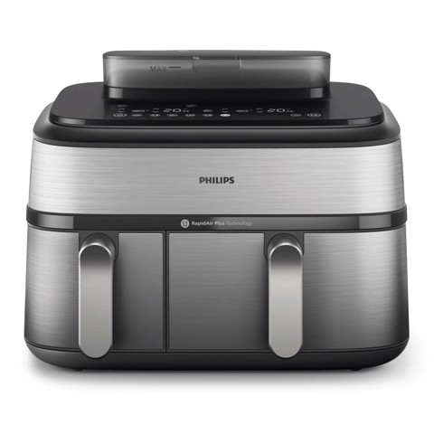 Philips Serie 5000 Airfryer doppio cestello con vapore, Friggitrice ad aria da 9.0L, 19 metodi di cottura, Pulizia cestello automatica, App ricette, NA555/00