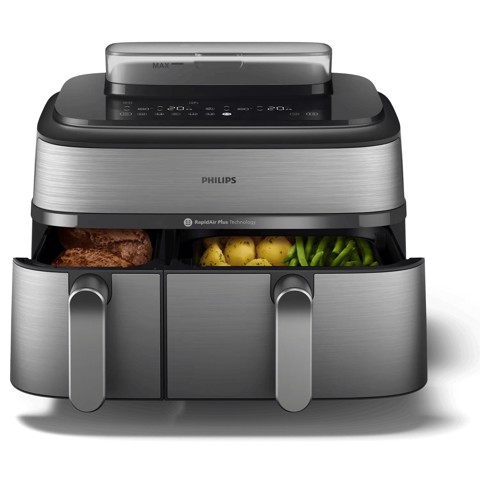 Philips Serie 5000 Airfryer doppio cestello con vapore, Friggitrice ad aria da 9.0L, 19 metodi di cottura, Pulizia cestello automatica, App ricette, NA555/00