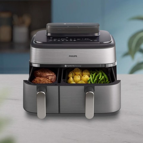 Philips Serie 5000 Airfryer doppio cestello con vapore, Friggitrice ad aria da 9.0L, 19 metodi di cottura, Pulizia cestello automatica, App ricette, NA555/00