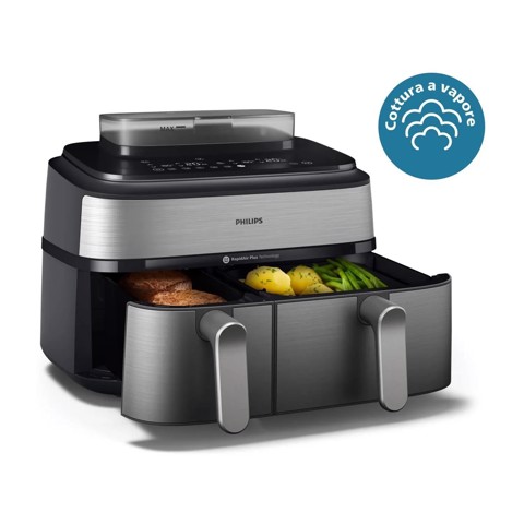 Philips Serie 5000 Airfryer doppio cestello con vapore, Friggitrice ad aria da 9.0L, 19 metodi di cottura, Pulizia cestello automatica, App ricette, NA555/00