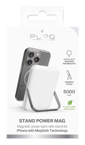 PURO Stand Power Mag Polimeri di litio (LiPo) 5000 mAh Carica wireless Argento, Bianco
