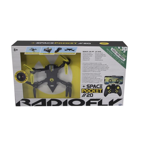 Radiofly Spacepocket // 20 - Drone 12*10*3 cm, RC 2.4 GHz, 8 Funzioni, Giroscopio, Fermoposizione, Bussola, Funzioni Partenza Lancio, Wi-Fi Camera 720p, App Per Vedere Foto, Video E Per Pilotare, Decollo E Atterraggio Assistiti, Batterie Trasmettitore Non Incluse