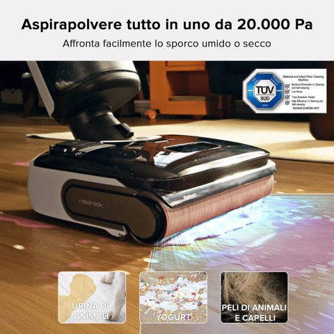 Roborock F25 Lavapavimenti per Umido e Secco, 20.000 Pa, Autopulizia con asciugatura a 90°C, Zero Grovigli, 180° UltraPiatto, Pulizia Bidirezionale, per Parquet e Piastrelle