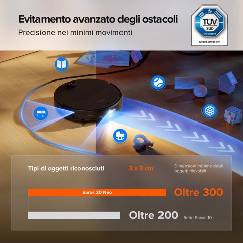 Roborock Saros 20 Neo Robot Aspirapolvere Lavapavimenti, Aspirazione 36.000 Pa, Stazione Multifunzione 10-in-1 con Lavaggio Panni a 100°C, Ultra-Sottile 7,95 cm, Telaio AdaptiLift 3.0, Sistema Anti-Groviglio 0%, Copertura Bordi FlexiArm™, SmartPlan 3.0