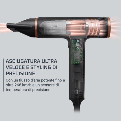 Rowenta Nano Asciugacapelli Brushless Compatto ad Alta Velocità, Boost di Ioni Antistatici e Sensore di Temperatura per Capelli Setosi e Luminosi, 3 Impostazioni di Velocità/Temperatura, HY8310