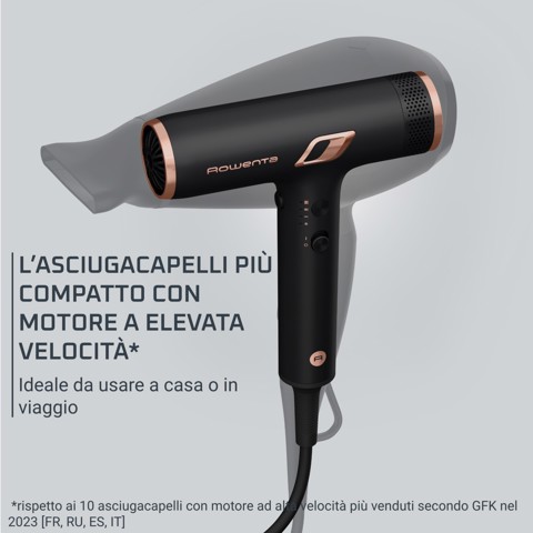Rowenta Nano Asciugacapelli Brushless Compatto ad Alta Velocità, Boost di Ioni Antistatici e Sensore di Temperatura per Capelli Setosi e Luminosi, 3 Impostazioni di Velocità/Temperatura, HY8310