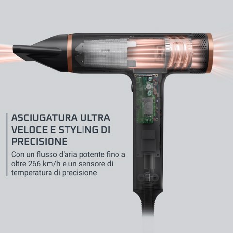 Rowenta Nano Asciugacapelli Brushless Compatto ad Alta Velocità, Boost di Ioni Antistatici e Sensore di Temperatura per Capelli Setosi e Luminosi, 3 Impostazioni di Velocità/Temperatura, HY8310