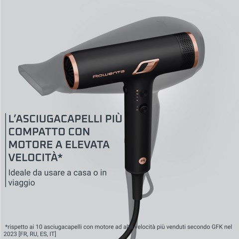 Rowenta Nano Asciugacapelli Brushless Compatto ad Alta Velocità, Boost di Ioni Antistatici e Sensore di Temperatura per Capelli Setosi e Luminosi, 3 Impostazioni di Velocità/Temperatura, HY8310