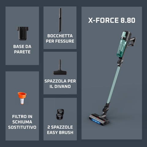 Rowenta X-Force 8.80, Aspirapolvere Senza Filo, Pulizia Potente, 100AW*, RH1833