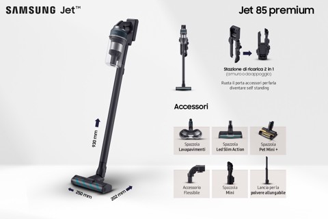 Samsung Aspirapolvere e Lavapavimenti senza filo Jet™ 85 premium 210W con Spazzola lavapavimenti inclusa VS20C852FTB Wet & Dry