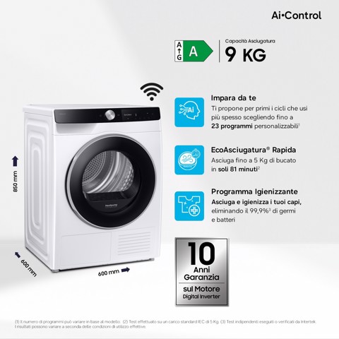 Samsung DV90DG6845LKU3 asciugatrice Libera installazione Caricamento frontale 9 kg Bianco