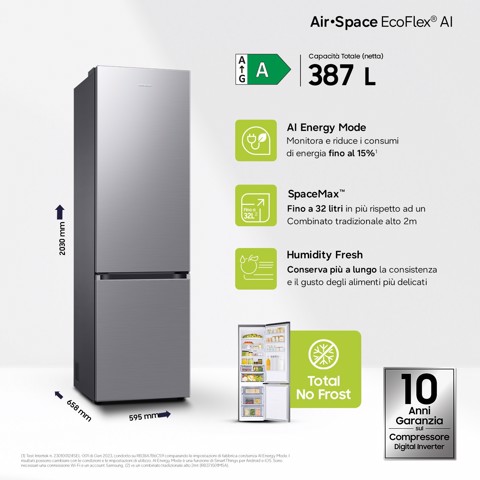 Samsung Frigorifero Combinato EcoFlex AI 2m 387L RB38C607AS9