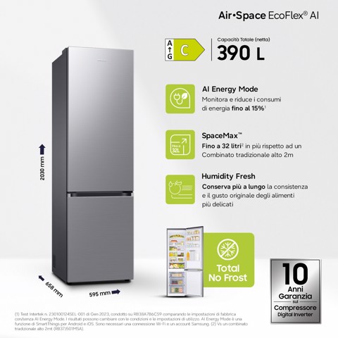 Samsung Frigorifero Combinato EcoFlex AI 2m 390L RB38C600CS9