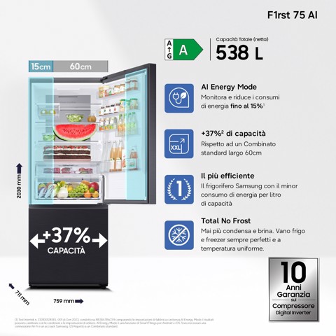 Samsung Frigorifero Combinato largo 75cm 538L RB53DG706AB1EF
