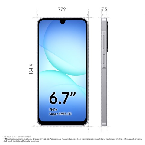 Samsung Galaxy A17 5G, Android 15, Display sAMOLED 6.7", 8GB RAM, 256GB, Batteria 5.000 mAh, Resistenza IP54, Memoria espandibile fino a 2TB, Gray