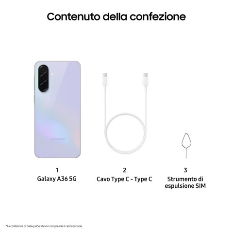 Samsung Galaxy A36 5G, Smartphone con Funzioni intelligenti, Display Super AMOLED 6.7”, 6GB RAM, 128GB, Camera 50MP, Batteria 5.000 mAh, IP67, Awesome Lavender