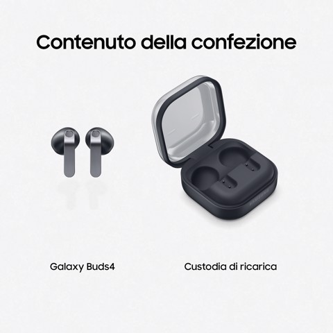 Samsung Galaxy Buds4, Black, Corpo in metallo, Altoparlante a 1 via, equalizzatore adattivo, Chiamate cristalline, Audio a 360°, ANC, Controllo adattivo del rumore Connessione senza interruzioni e One UI, Galaxy AI pronto ai comandi vocali