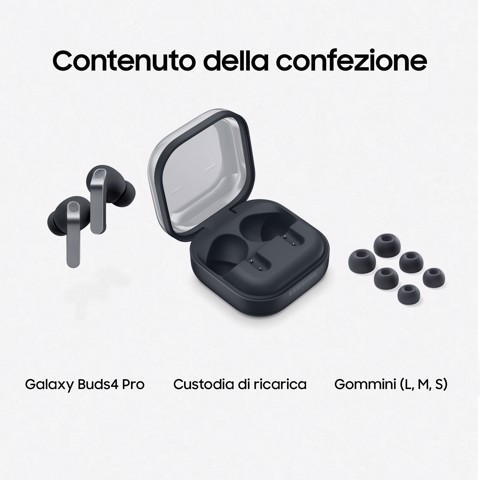 Samsung Galaxy Buds4 Pro, Black, Corpo in metallo, Altoparlante a 2 vie e doppio amplificatore, Chiamate cristalline, Audio a 360°, ANC migliorata, Controllo adattivo del rumore, Connessione senza interruzioni e One UI, AI pronto ai comandi vocali