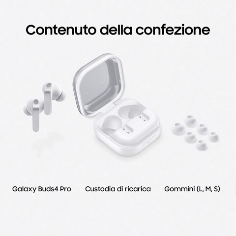 Samsung Galaxy Buds4 Pro, White, Corpo in metallo, Altoparlante a 2 vie e doppio amplificatore, Chiamate cristalline, Audio a 360°, ANC migliorata, Controllo adattivo del rumore, Connessione senza interruzioni e One UI, AI pronto ai comandi vocali