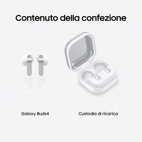 Samsung Galaxy Buds4, White, Corpo in metallo, Altoparlante a 1 via, equalizzatore adattivo, Chiamate cristalline, Audio a 360°, ANC, Controllo adattivo del rumore Connessione senza interruzioni e One UI, Galaxy AI pronto ai comandi vocali