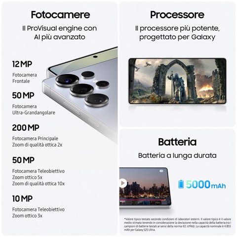 Samsung Galaxy S25 Ultra Smartphone AI, Display 6.9'' QHD+ Dynamic AMOLED 2X, Fotocamera 200MP, RAM 12GB, 256GB, 5.000 mAh, Titanium Gray