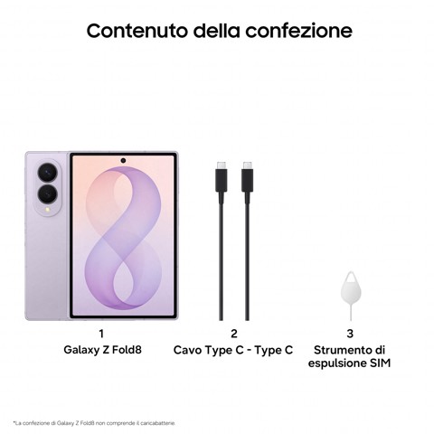 Samsung Galaxy Z Fold8 , 256GB, Lavender, Nuovo formato, Rapporto Display Esterno 10:16 | Interno 4:3, Processore Potente, 4800 mAh, RAM 12GB, Camera 50MP, Now Nudge, Assistente Foto