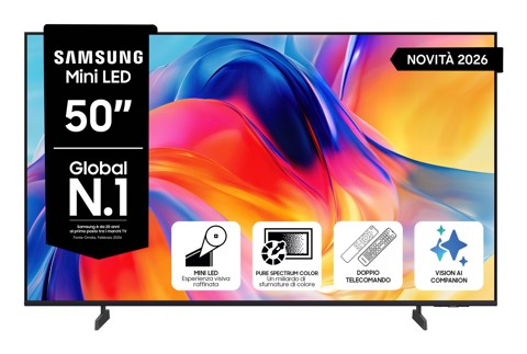 Samsung Mini LED AI TV 50" UE50M70HAUXZT 4K, Processore Mini LED 4K, 4K Upscaling, Color Booster, OTS Lite, Metal Stream Design, Vision AI Smart TV, 2026