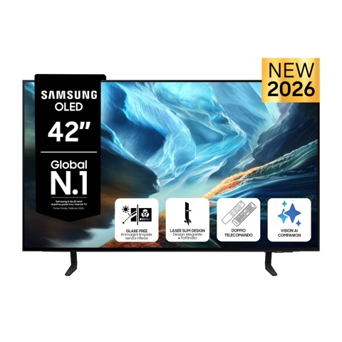 Samsung OLED AI TV 42" QE42S90HAEXZT 4K, Processore NQ4 AI Gen3, 4K AI Upscaling Pro, Glare Free, OLED HDR+, Motion Xcelerator 165Hz, Dolby Atmos & OTS Lite, Laser Slim Design, Vision AI Smart TV, 2026