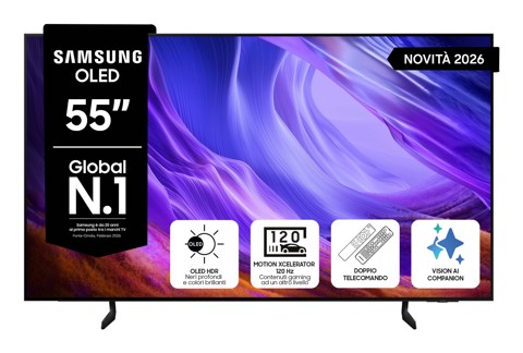 Samsung OLED AI TV 55" QE55S85HAEXZT 4K, Processore NQ4 AI Gen2, 4K AI Upscaling, Schermo antiriflesso, OLED HDR, Motion Xcelerator 120Hz, Dolby Atmos & OTS Lite, Contour Design, Vision AI Smart TV, 2026