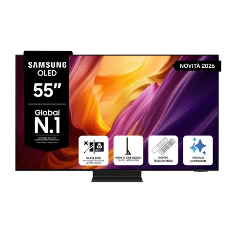 Samsung OLED AI TV 55" QE55S95HFTXZT 4K, Processore NQ4 AI Gen3, 4K AI Upscaling Pro, Glare Free, OLED HDR Pro, Motion Xcelerator 165Hz, Dolby Atmos & OTS+, Infinity One Design, Vision AI Smart TV, 2026
