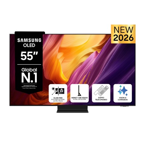 Samsung OLED AI TV 55" QE55S95HFTXZT 4K, Processore NQ4 AI Gen3, 4K AI Upscaling Pro, Glare Free, OLED HDR Pro, Motion Xcelerator 165Hz, Dolby Atmos & OTS+, Infinity One Design, Vision AI Smart TV, 2026