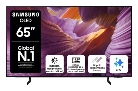Samsung OLED AI TV 65" QE65S85FAEXZT 4K, Processore NQ4 AI Gen2, 4K AI Upscaling, Schermo antiriflesso, OLED HDR, Dolby Atmos & OTS Lite, Contour Design, Vision AI Smart TV, 2025