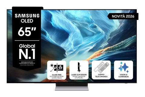 Samsung OLED AI TV 65" QE65S90HAEXZT 4K, Processore NQ4 AI Gen3, 4K AI Upscaling Pro, Glare Free, OLED HDR+, Motion Xcelerator 165Hz, Dolby Atmos & OTS Lite, Laser Slim Design, Vision AI Smart TV, 2026