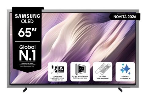 Samsung OLED AI TV 65" QE65S99HATXZT 4K, Processore NQ4 AI Gen3, 4K AI Upscaling Pro, Glare Free, OLED HDR Pro, Motion Xcelerator 165Hz, Dolby Atmos & OTS+, FloatLayer Design, Vision AI Smart TV, 2026