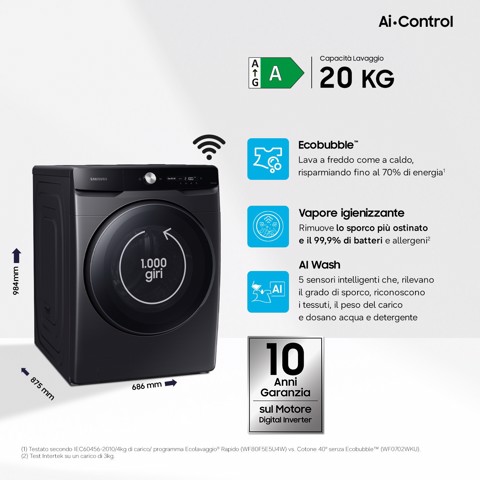 Samsung WF20DG8650BV lavatrice Caricamento frontale 20 kg 1000 Giri/min Nero