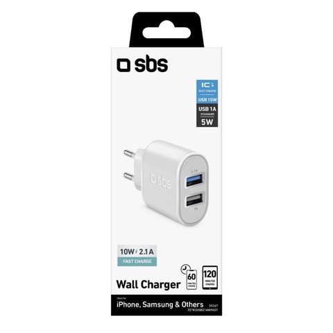 SBS Caricabatterie caricatore 10 Watt - Ricarica rapida con due porte USB