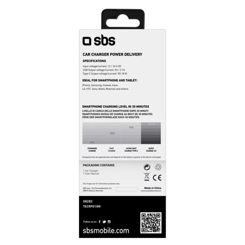 SBS Caricatore auto - Ricarica ultra rapida 18 Watt con due porte USB