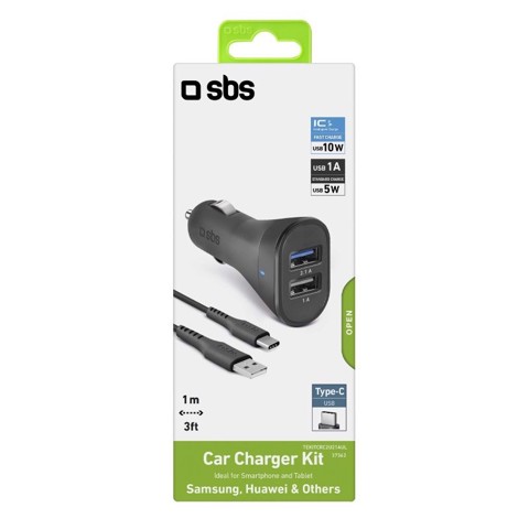 SBS Kit caricatore auto 10 Watt - Ricarica rapida con due porte USB e cavo USB e USB-C incluso