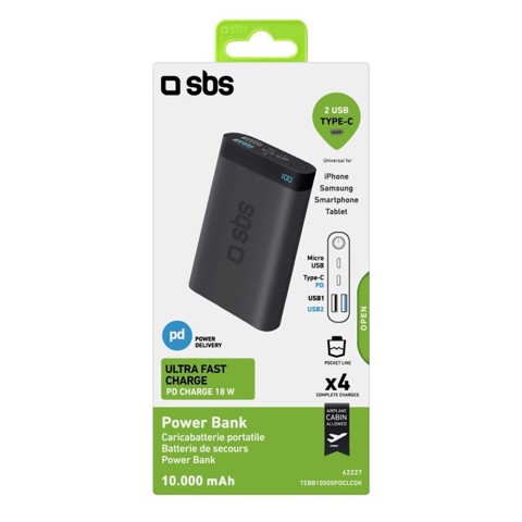 SBS Power bank Pocket 10.000 mAh - Ricarica rapida con due porte USB e display LCD