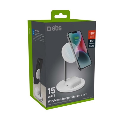 SBS Stazione di ricarica wireless verticale 2 in 1 per iPhone, telefoni Android, AirPods, auricolari TWS
