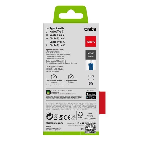 SBS TECABLETISSUETCCB cavo USB USB 2.0 1,5 m USB C 0,48 Gbit/s 60 W Blu