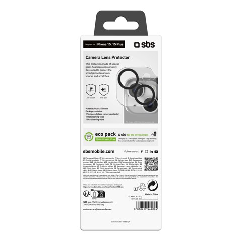 SBS TECAMGLIP15K Vetro per lenti fotocamera iphone 15/15 plus,  nero