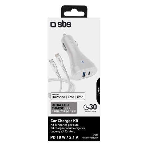 SBS TECRKITPD18LIGW Caricabatterie per dispositivi mobili Telefono cellulare, Tablet Bianco Lightning Ricarica rapida Auto