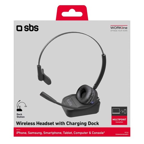 SBS TESMMONOHEADBTK cuffia e auricolare Wireless A Padiglione Ufficio Base di ricarica Nero