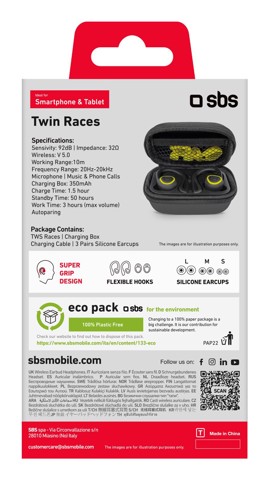 SBS TESPEARBTTWSRACESK cuffia e auricolare True Wireless Stereo (TWS) In-ear Musica e Chiamate Bluetooth Nero, Giallo